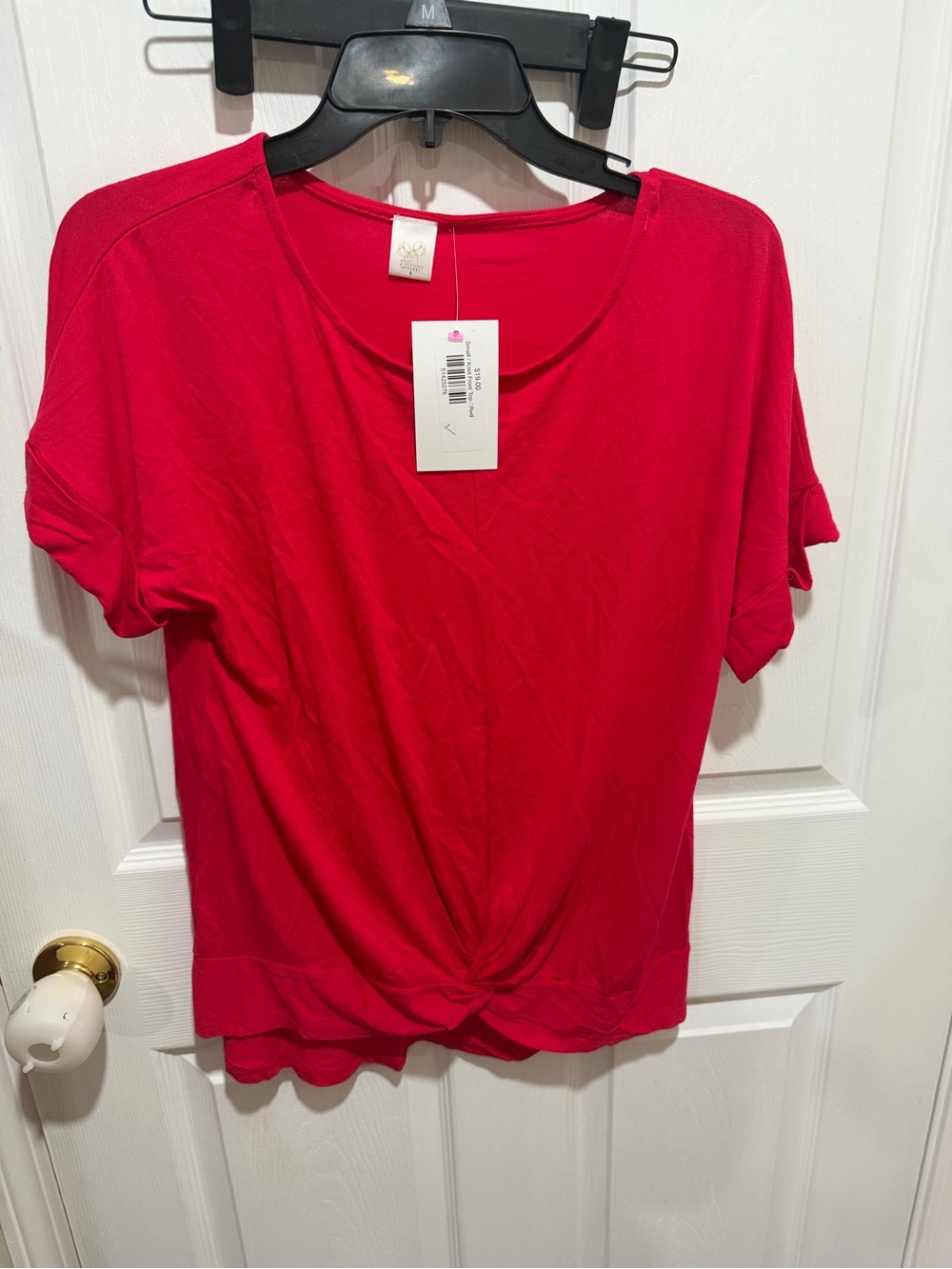 Red Short Sleeve Twist-Hem Women's Top
